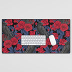 Ravens and red roses with blue leaves Desk Mat Gallery Image 1