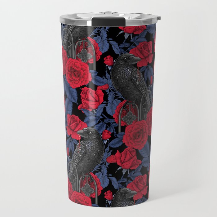 Ravens and red roses with blue leaves Travel Mug Gallery Image 1