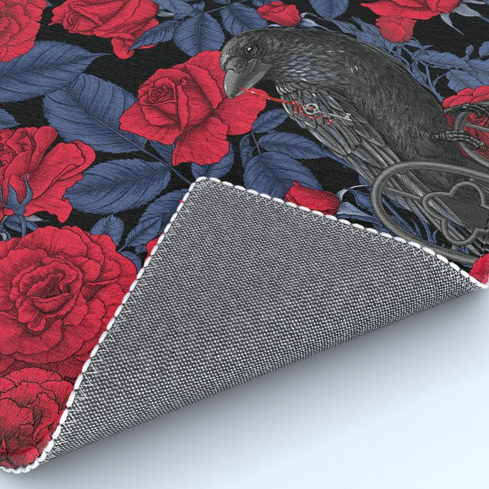 Ravens and red roses with blue leaves Rug Gallery Image 4