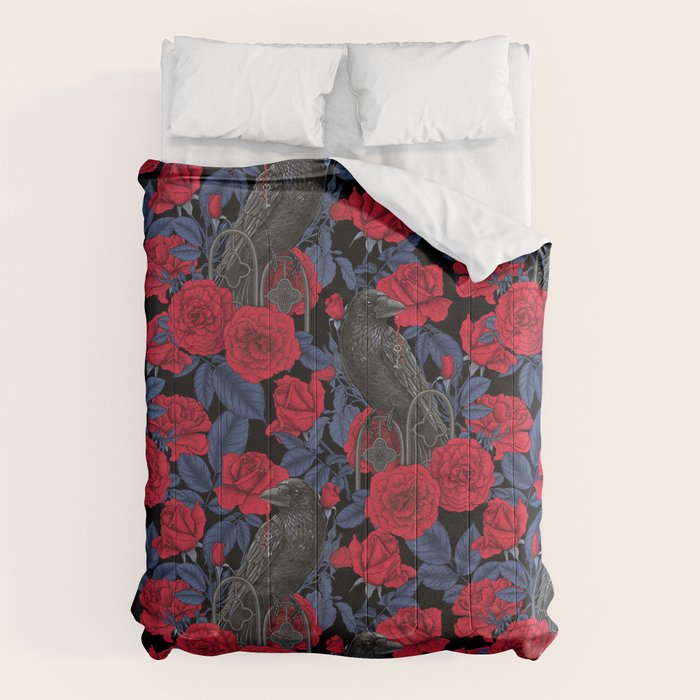 Ravens and red roses with blue leaves Comforter Gallery Image 6