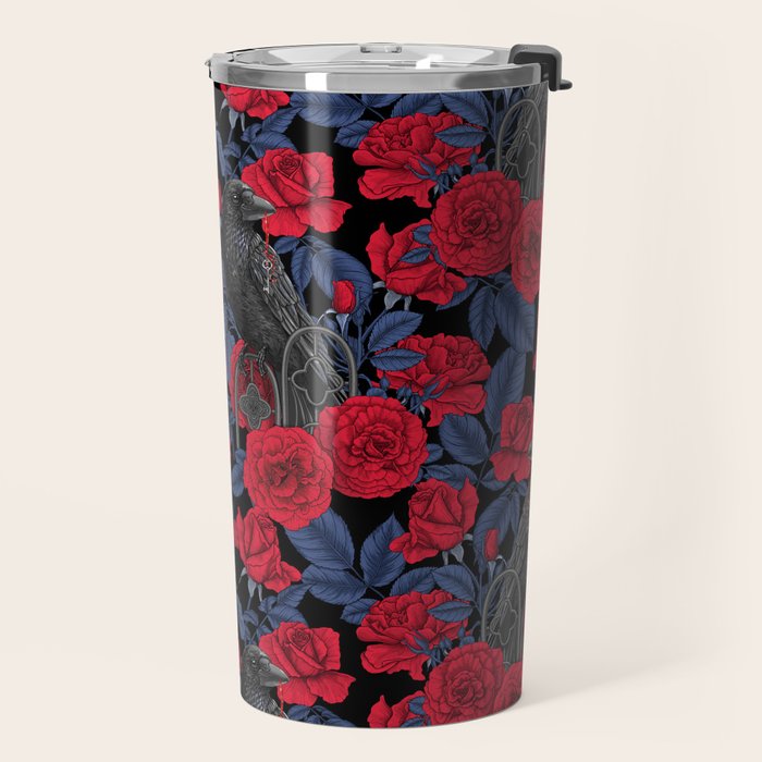 Ravens and red roses with blue leaves Travel Mug Gallery Image 2