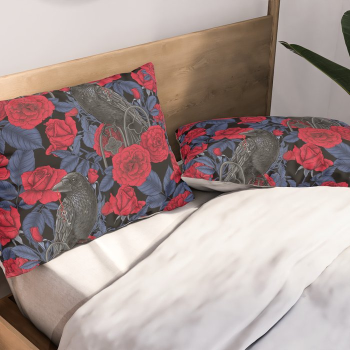 Ravens and red roses with blue leaves Pillow Sham Gallery Image 2