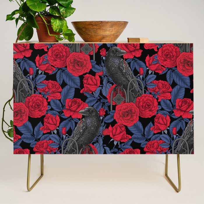 Ravens and red roses with blue leaves Credenza Gallery Image 1