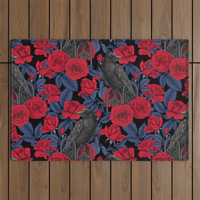 Ravens and red roses with blue leaves Outdoor Rug Gallery Image 1