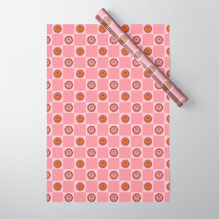 Pink Smiley Face Checkerboard Wrapping Paper Gallery Image 1