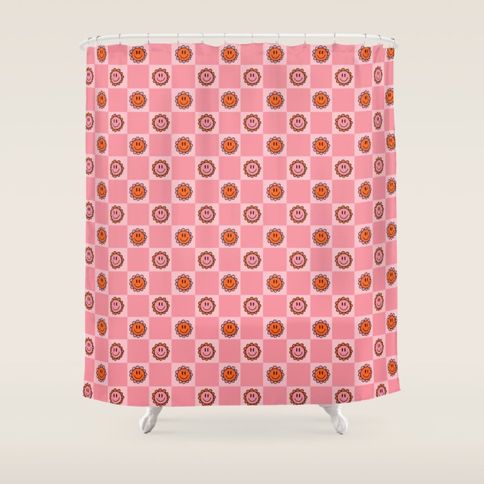 Pink Smiley Face Checkerboard Shower Curtain Gallery Image 1