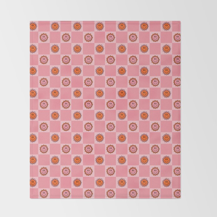 Pink Smiley Face Checkerboard Throw Blanket Gallery Image 2