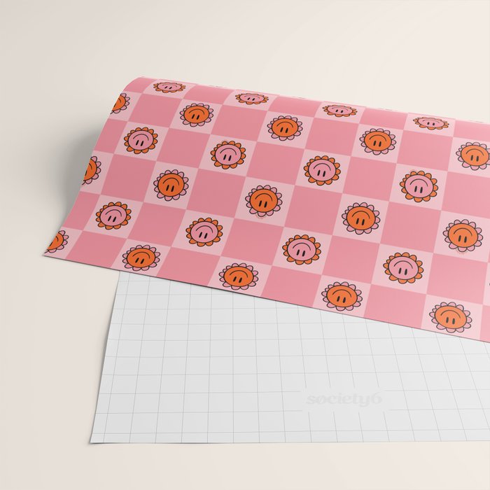 Pink Smiley Face Checkerboard Wrapping Paper Gallery Image 2