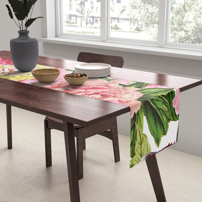 Vintage & Shabby Chic Floral Peony & Lily Flowers Watercolor Pattern Table Runner Gallery Image 2