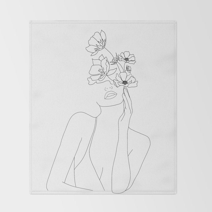 Minimal Line Art Woman with Flowers Throw Blanket Gallery Image 2