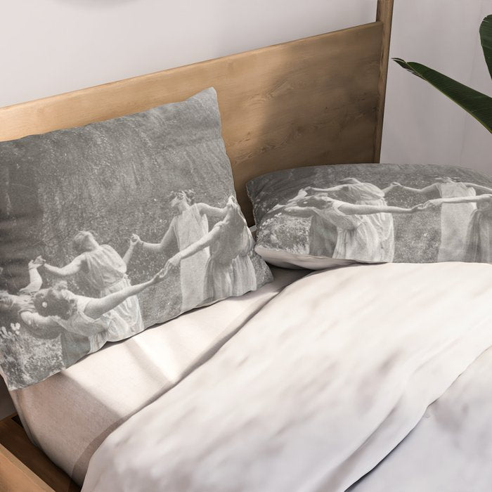 Circle Of Witches Vintage Women Dancing Black And White Pillow Sham Gallery Image 2