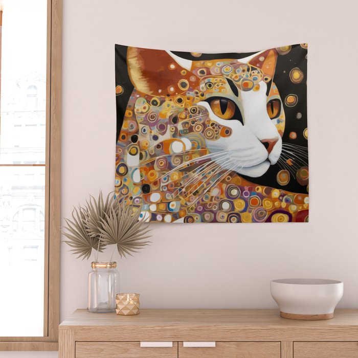 Klimt Cat with Almond Eyes Wall Tapestry Gallery Image 2