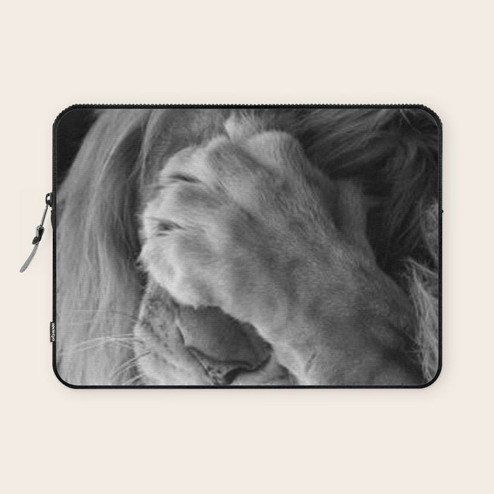 Even Lions Have Bad Days - The Lion Sleeps Tonight black and white photograph  Laptop Sleeve Gallery Image 1