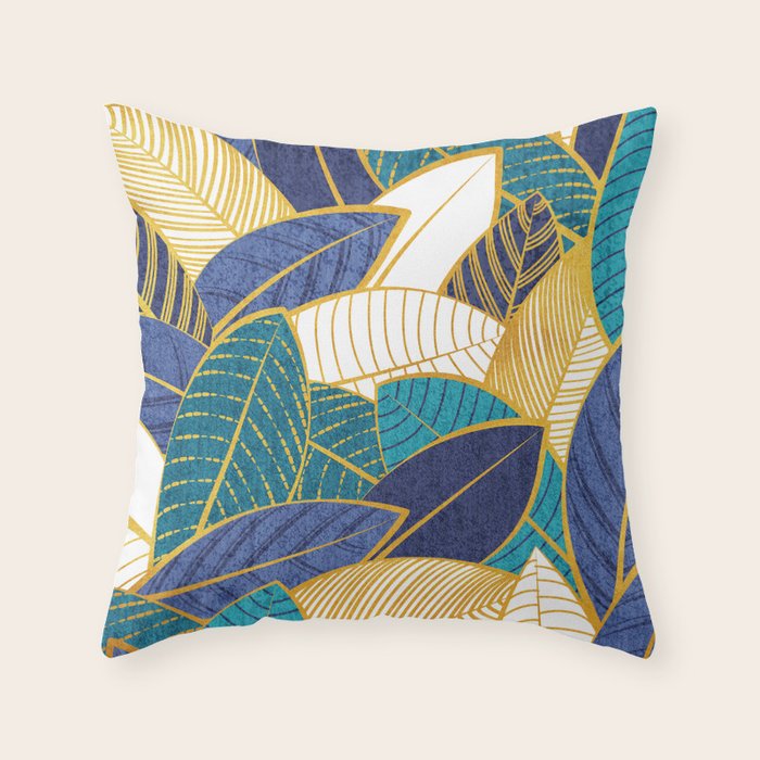 Leaf wall // navy blue royal blue and teal leaves golden lines Throw Pillow Gallery Image 6