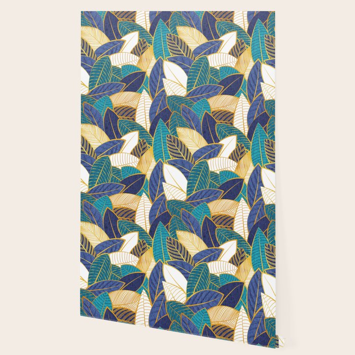 Leaf wall // navy blue royal blue and teal leaves golden lines Wallpaper Gallery Image 2