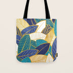 Leaf wall // navy blue royal blue and teal leaves golden lines Tote Bag Gallery Image 1