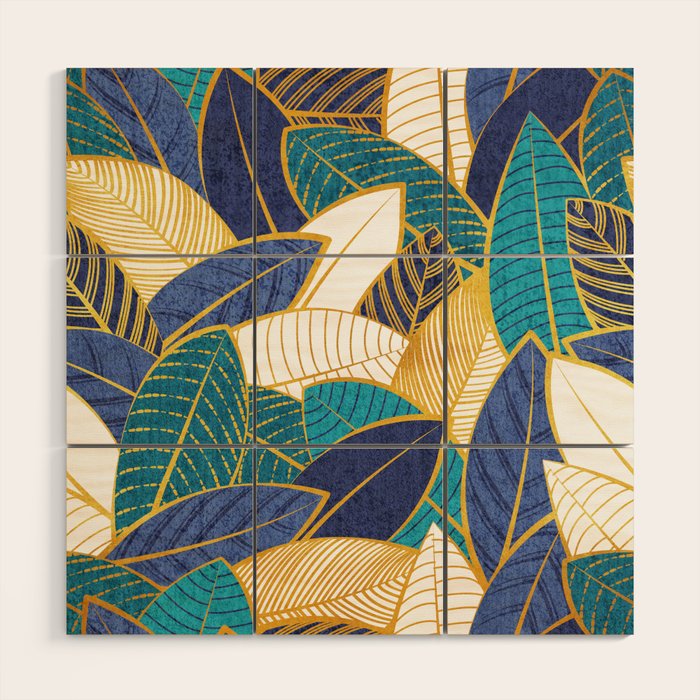 Leaf wall // navy blue royal blue and teal leaves golden lines Wood Wall Art Gallery Image 1