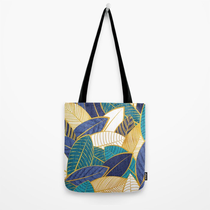 Leaf wall // navy blue royal blue and teal leaves golden lines Tote Bag Gallery Image 2