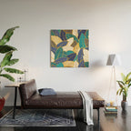 Leaf wall // navy blue royal blue and teal leaves golden lines Wood Wall Art Gallery Image 2