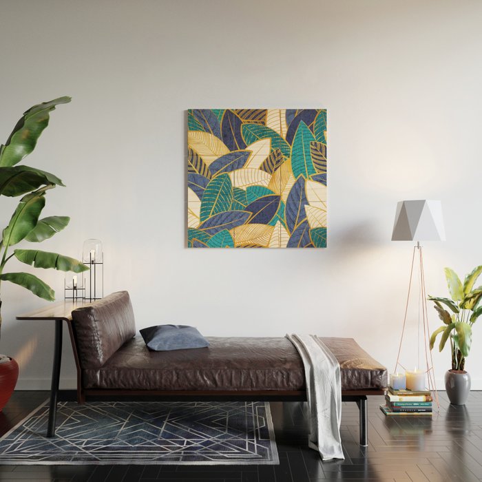 Leaf wall // navy blue royal blue and teal leaves golden lines Wood Wall Art Gallery Image 2