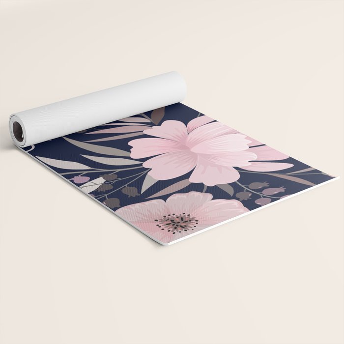 Modern, Boho, Floral Prints, Navy and Pink Yoga Mat Gallery Image 2