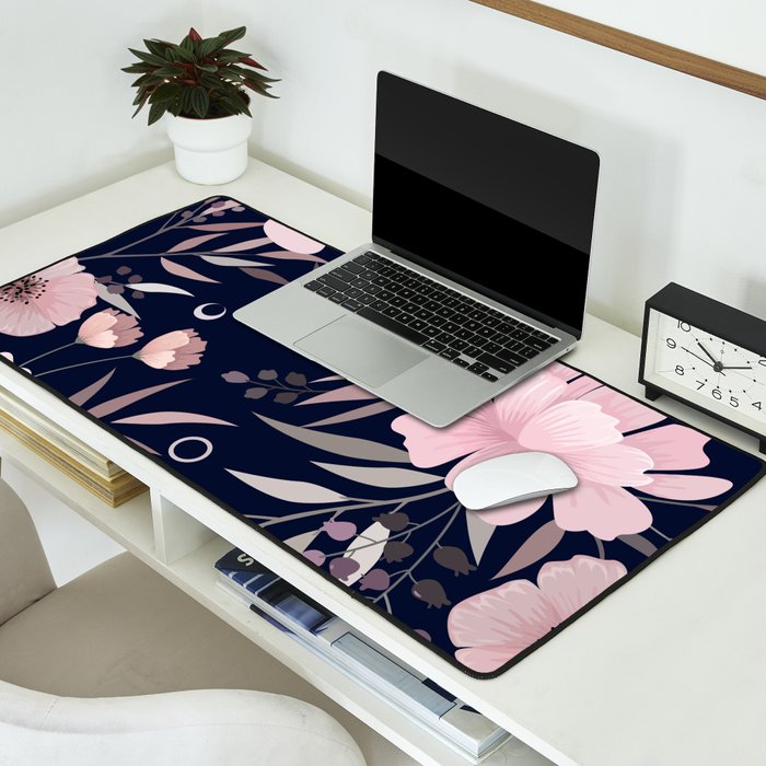 Modern, Boho, Floral Prints, Navy and Pink Desk Mat Gallery Image 2