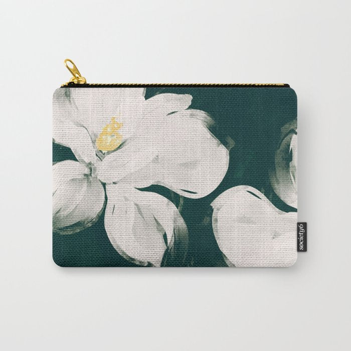 White Flowers On Green Carry All Pouch Gallery Image 1
