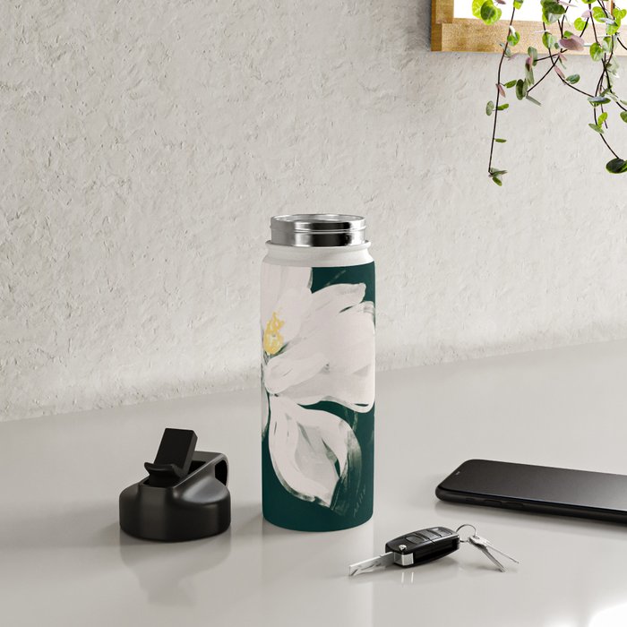 White Flowers On Green Water Bottle Gallery Image 4