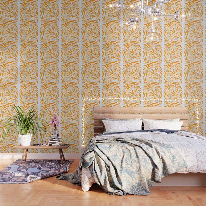 Endless Leaf Summer Illustration 1 Tangerine on pastel blue Wallpaper Gallery Image 3