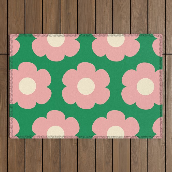 Tivoli Flowers Retro Floral Pattern Green Pink Cream Outdoor Rug Gallery Image 1