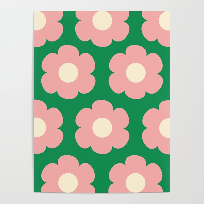 Tivoli Flowers Retro Floral Pattern Green Pink Cream Poster Gallery Image 1