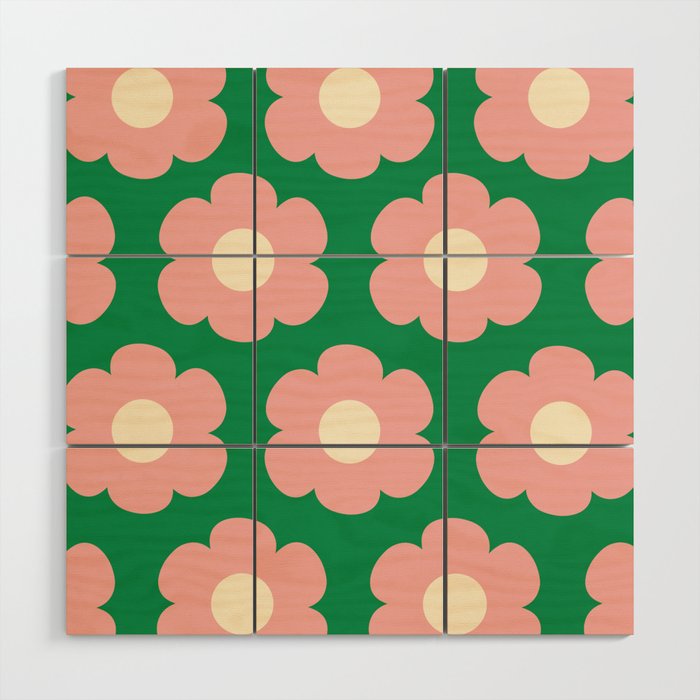 Tivoli Flowers Retro Floral Pattern Green Pink Cream Wood Wall Art Gallery Image 1