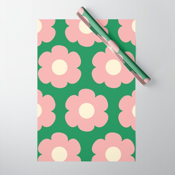 Tivoli Flowers Retro Floral Pattern Green Pink Cream Wrapping Paper Gallery Image 1
