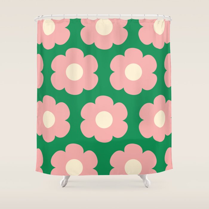 Tivoli Flowers Retro Floral Pattern Green Pink Cream Shower Curtain Gallery Image 1