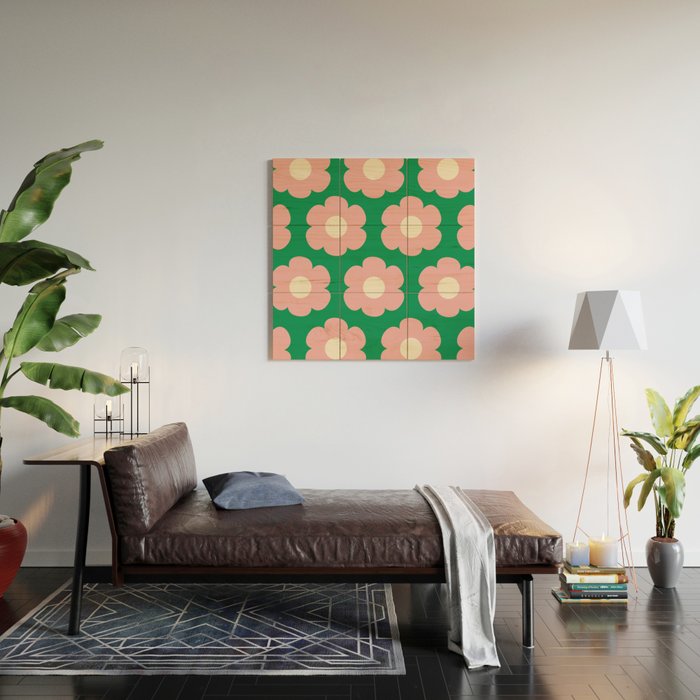 Tivoli Flowers Retro Floral Pattern Green Pink Cream Wood Wall Art Gallery Image 2