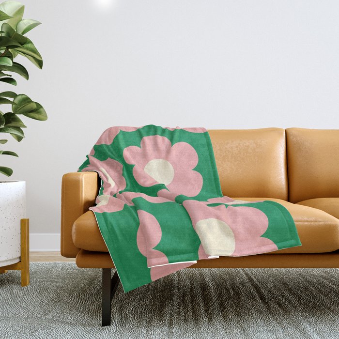 Tivoli Flowers Retro Floral Pattern Green Pink Cream Throw Blanket Gallery Image 1