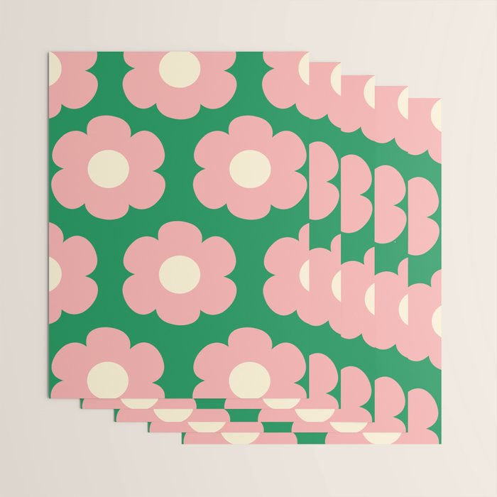 Tivoli Flowers Retro Floral Pattern Green Pink Cream Wrapping Paper Gallery Image 3