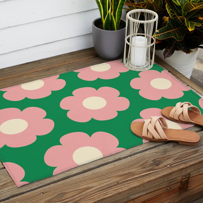 Tivoli Flowers Retro Floral Pattern Green Pink Cream Outdoor Rug Gallery Image 2