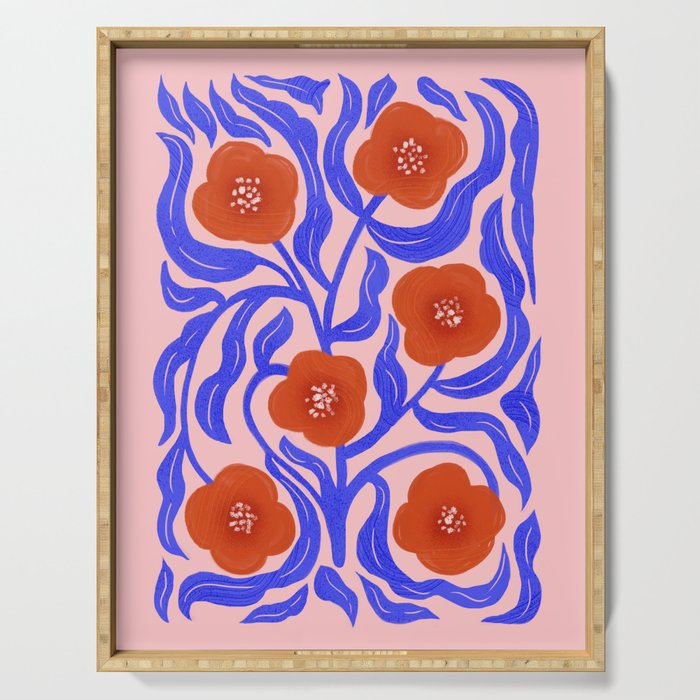 Bold Red Flowers And Blue Leaves Serving Tray Gallery Image 1