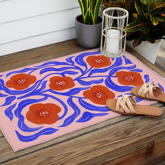 Bold Red Flowers And Blue Leaves Outdoor Rug Gallery Image 2