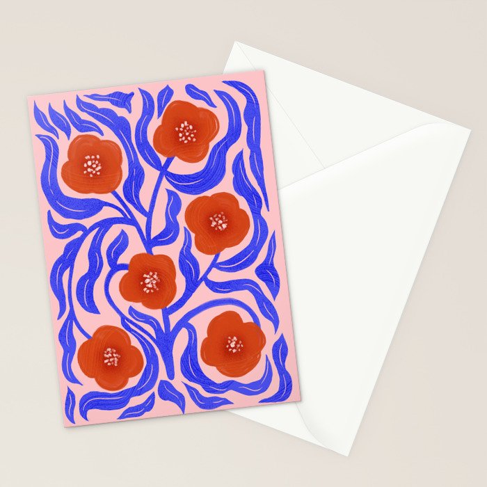 Bold Red Flowers And Blue Leaves Stationery Card Gallery Image 2