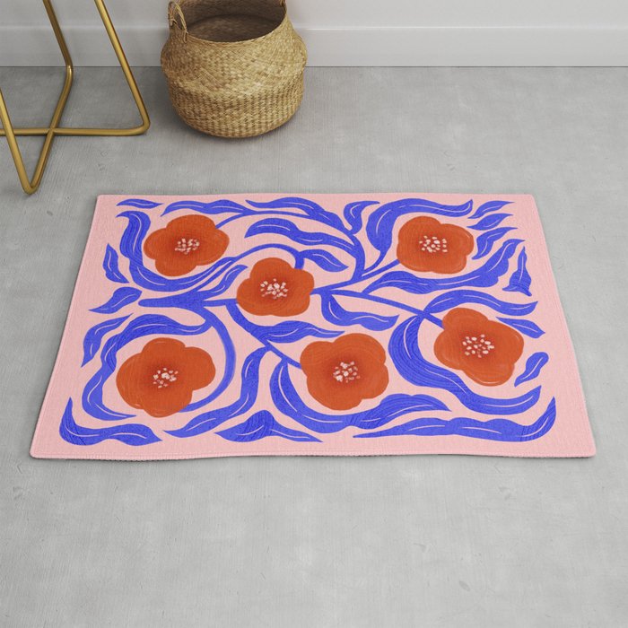 Bold Red Flowers And Blue Leaves Rug Gallery Image 1