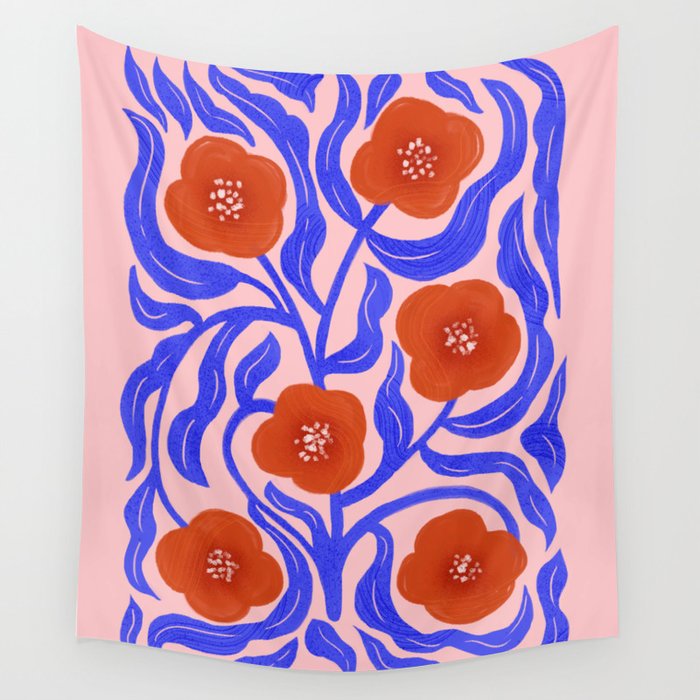 Bold Red Flowers And Blue Leaves Wall Tapestry Gallery Image 1