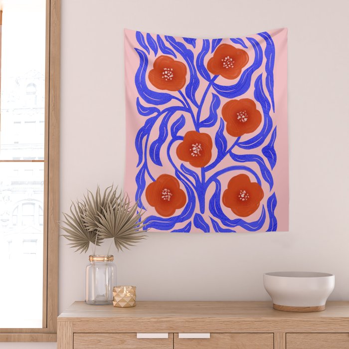 Bold Red Flowers And Blue Leaves Wall Tapestry Gallery Image 2