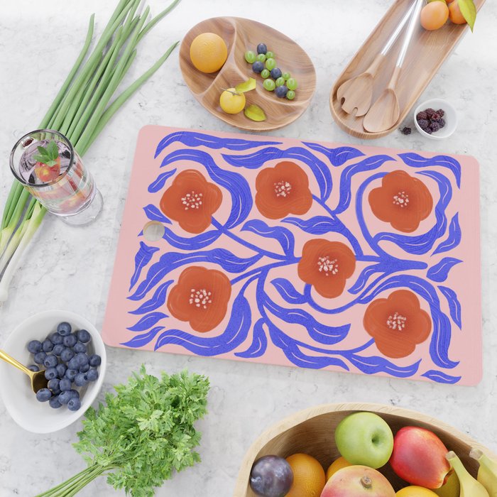 Bold Red Flowers And Blue Leaves Cutting Board Gallery Image 2