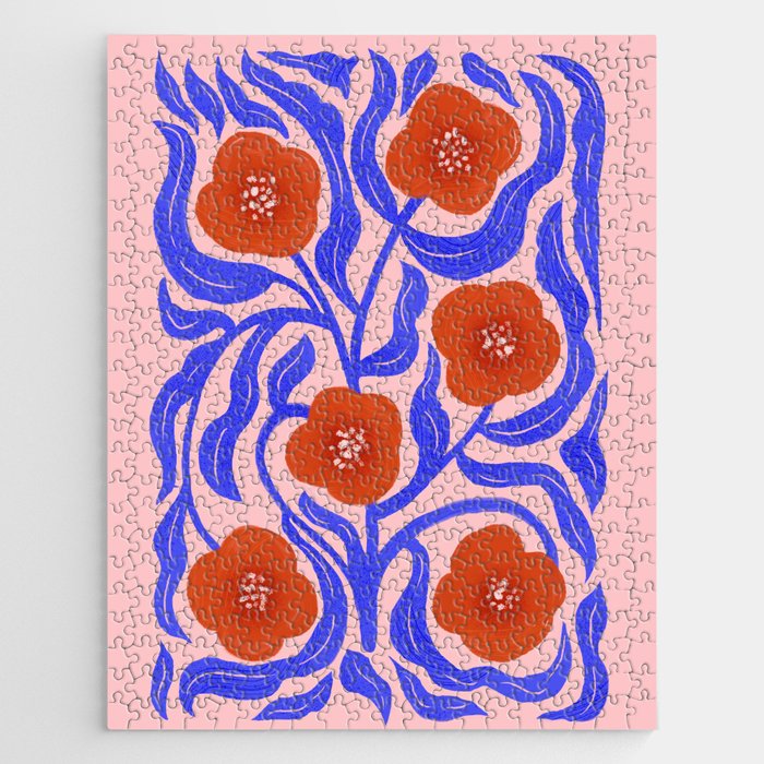 Bold Red Flowers And Blue Leaves Jigsaw Puzzle Gallery Image 1