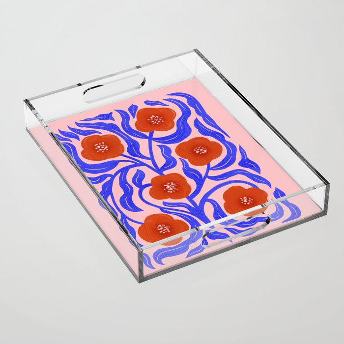 Bold Red Flowers And Blue Leaves Acrylic Tray Gallery Image 1