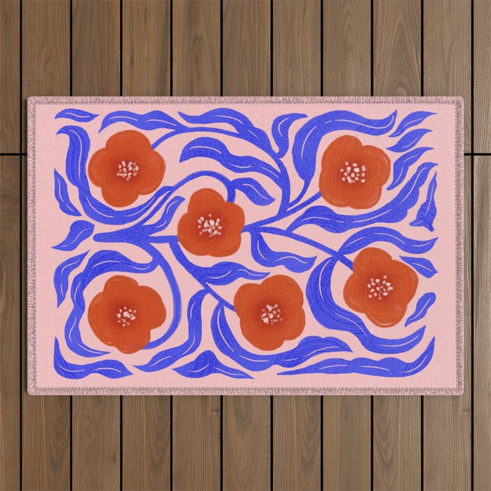 Bold Red Flowers And Blue Leaves Outdoor Rug Gallery Image 1