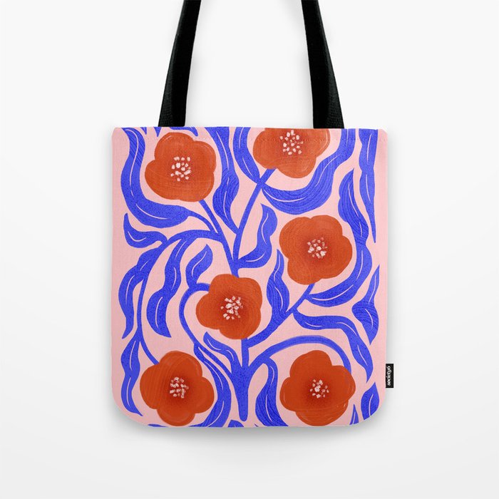 Bold Red Flowers And Blue Leaves Tote Bag Gallery Image 1