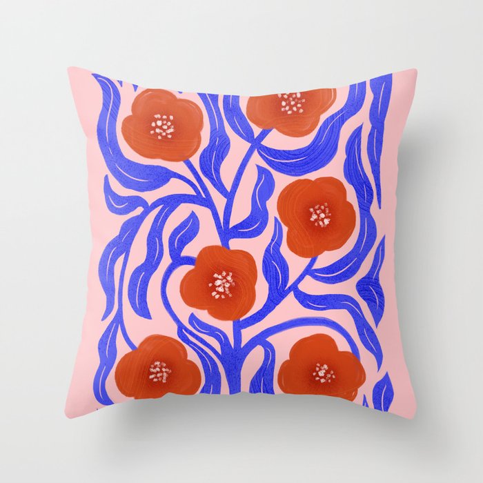 Bold Red Flowers And Blue Leaves Throw Pillow Gallery Image 1